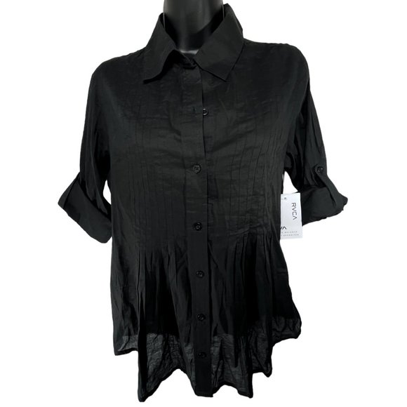 RVCA Shirt Button Down Black Sheer Light Pleated Long Sleeve Shirt Womens Small - Picture 4 of 8